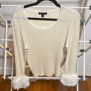 Cream Ribbed Top with Faux Fur Cuffs